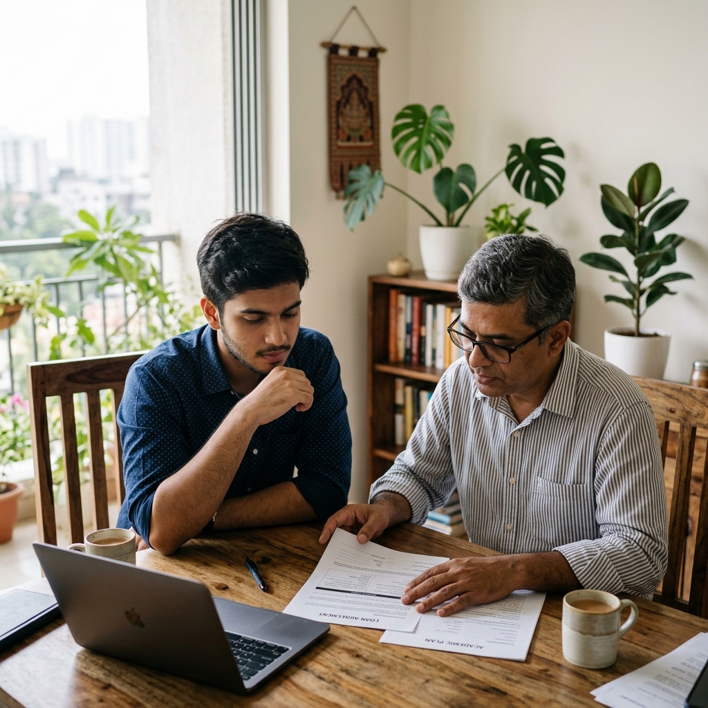 Indian student and parent reviewing education loan documentation thoughtfully in their modern home